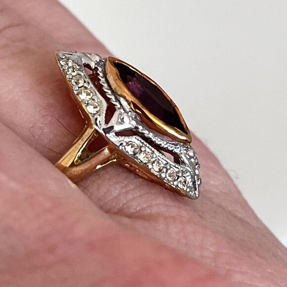 Vintage Ring Size 5 Amethyst Austrian Crystal 18K Gold Plate Mid-Century MCM 14F - Picture 14 of 16